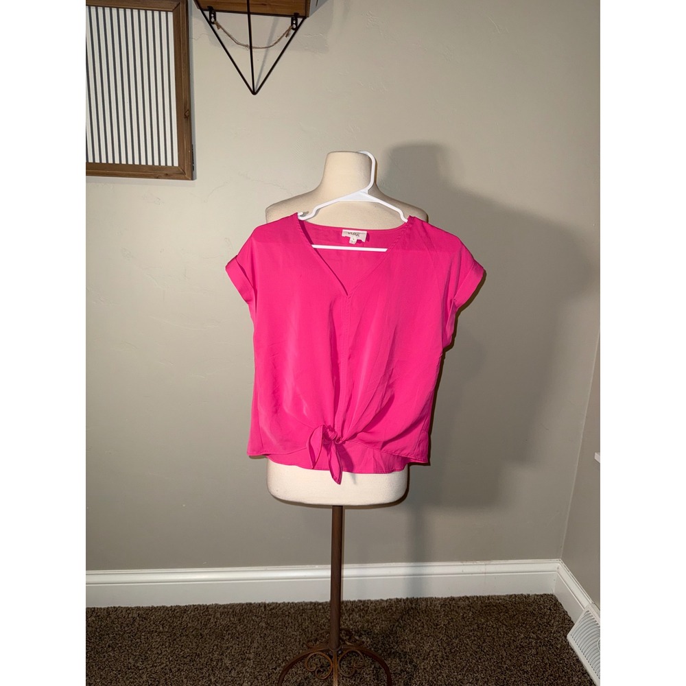 Olive Oak Hot Pink V‎ Neck Tie Front Short Sleeve Top Women's Size S